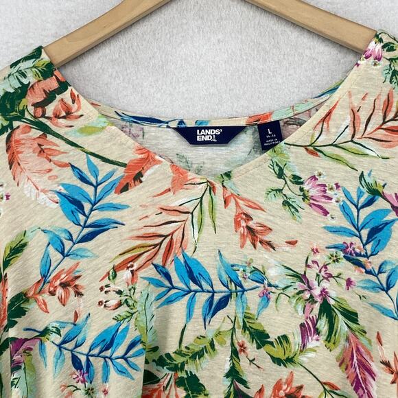 LANDS END Top Womens L 14-16 Floral Beach Blouse 3/4 Sleeve Linen Blend Cream - Picture 3 of 11